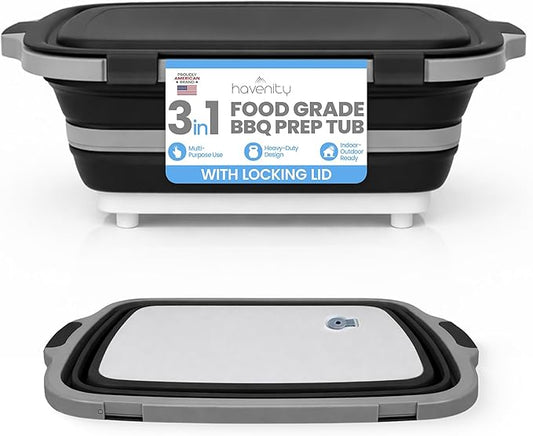 BBQ Prep Tub 16L - Multifunctional Collapsible Camping Cutting Board with Upgraded Locking lid, Meat Storage Container for Meal Prep, Dish Basin Bowl Perfect for Grilling, Outdoor Cooking XL