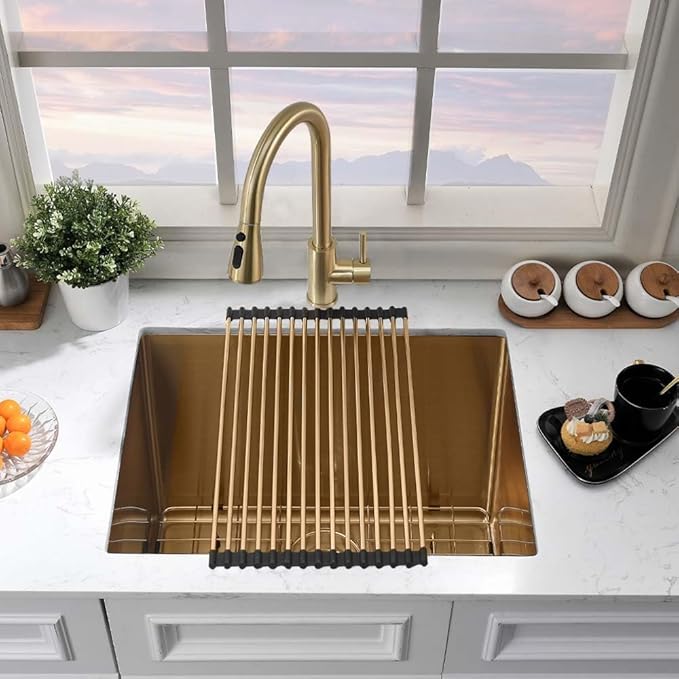 Gold Laundry Sink Undermount-Hovheir 24x19x12 Undermount Utility Sink 16 Gauge Brushed Gold Stainless Steel Single Bowl Deep Laundry Room Kitchen Sinks Outdoor Sinks with Bottom Grid