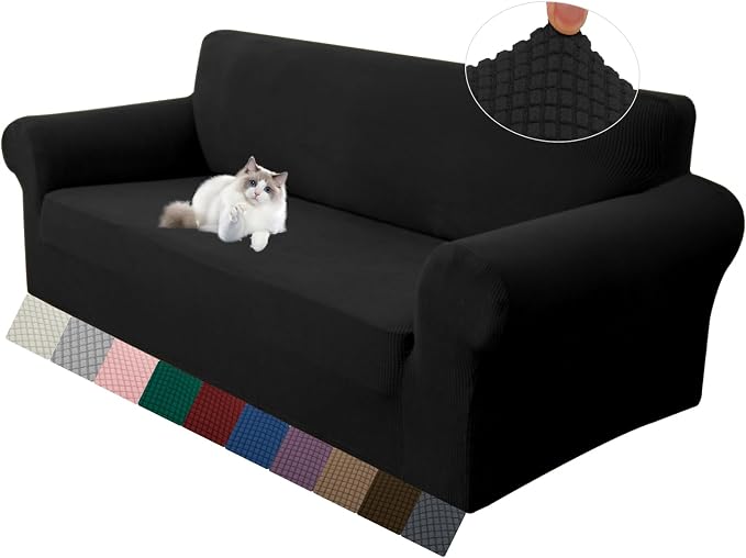LURKA Stretch Loveseat Couch Cover, 1 Piece 2 Cushion Sofa Slipcover, Black | Soft Stretch Jacquard, Fits 55"-78" Loveseats, Elastic Bottom for Secure Fit, Machine Washable, Pet & Kid Friendly