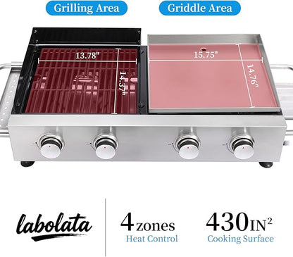 Portable 4-Burner Gas Grill Griddle Combo, Propane BBQ Grill with Cast Iron Grates & Stainless Steel Griddle, Side Shelf & Utility Tray, Grease Management Tray for Outdoor Camping and Patio Cooking