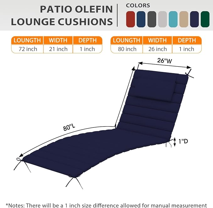 Sundale Outdoor Olefin Quilted Lounge Cushion Set of 2, Patio Foldable Chaise Lounger Cushion, Water-Resistant Lounge Chair Pad with Straps Navy Blue, 80 x 26 inches