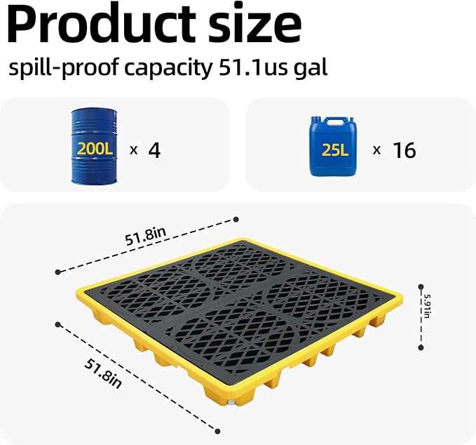 4-Drum Spill Containment Pallet | 51"x51"x6" Heavy-Duty Polyethylene Tray with Drain | Anti-Slip & Detachable Secondary Containment for Industrial 55-Gallon Storage