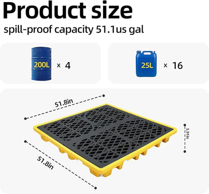 4-Drum Spill Containment Pallet | 51"x51"x6" Heavy-Duty Polyethylene Tray with Drain | Anti-Slip & Detachable Secondary Containment for Industrial 55-Gallon Storage