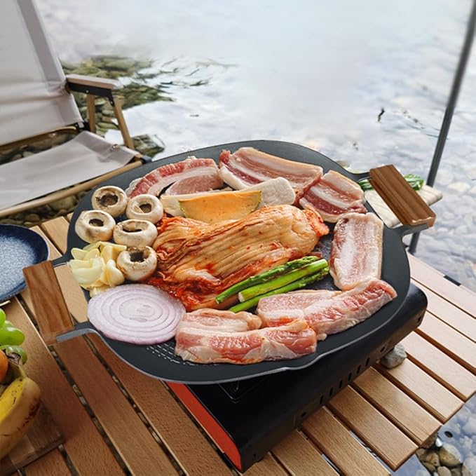 Korean Style 12.6in Grill Pan Non-stick Maifan Coated Smokeless Griddle Pan Compatible for Induction, Gas Stove, Electric Cooktop Stovetop Plate Indoor or Outdoor BBQ (Square with Wood Handle)