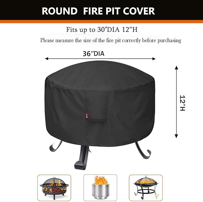 SheeChung Fire Pit Cover Round 36" D X 12" H,Heavy Duty 600D Outdoor Waterproof & Tear Resistant Fire Bowl Covers,Fits for 32/34/36inch Patio Round Firepit,Anti UV and Tear Resistant