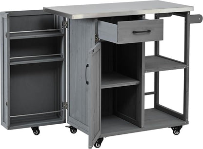 JIVOIT Outdoor Kitchen Island with Stainless Steel Worktop, Fir Wood Prep Station Lockable Kitchen Cart with Ample Storage Space, Towel and Spice Racks for Patio and Outdoor (Grey/122)