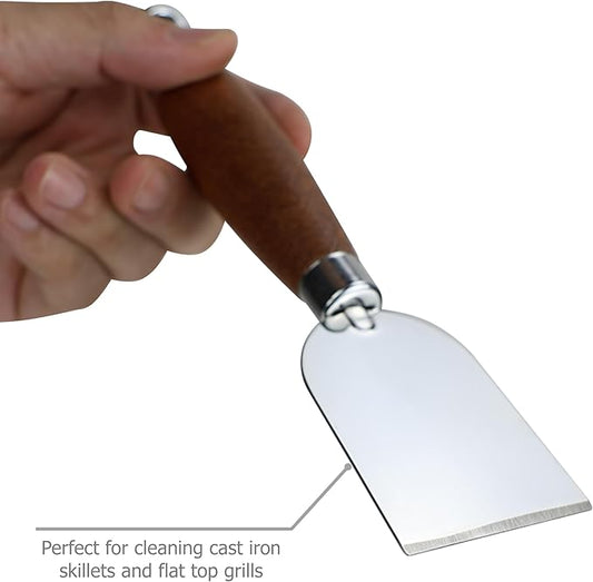 EIKS 2 Pack Stainless Steel Scraper with Wooden Handle for Cleaning Cast Iron Skillet Flat Top Grills Griddle BBQ Pan Ovens Stoves, Stain Removal Tool