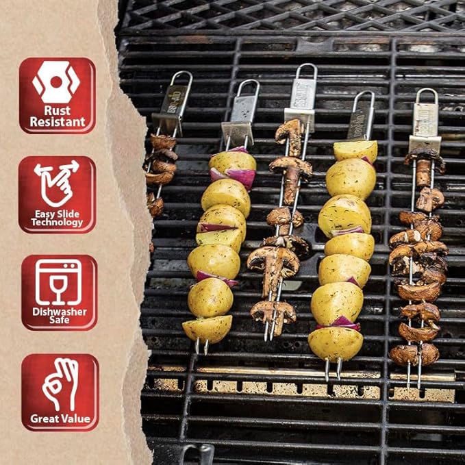 BBQ-AID Extra Long 17" Skewers - Quick Release Barbecue Metal Skewers for Kabobs - Double Pronged, Stainless Steel