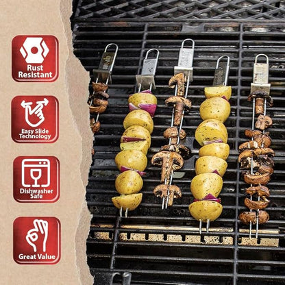 BBQ-AID Extra Long 17" Skewers - Quick Release Barbecue Metal Skewers for Kabobs - Double Pronged, Stainless Steel