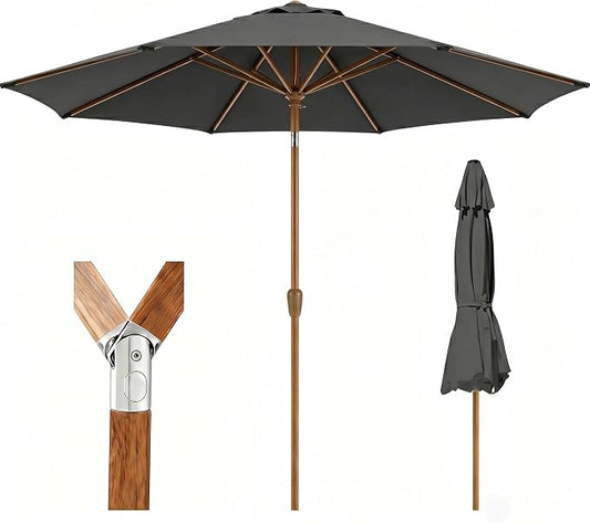 9ft Outdoor Patio Umbrella, Market Table Umbrella with Crank and Easy Push Button Tilt, Wood Grain Frame, UPF 50+ for Pool, Garden, Deck, Backyard