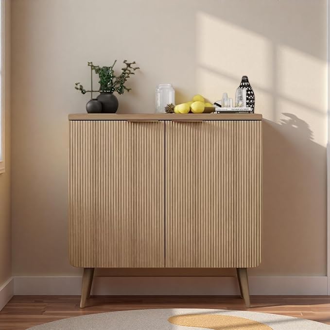 29.5" Modern Fluted Sideboard Cabinet with 2 Doors, Wood Storage Credenza with Shelves, Multi-Purpose Buffet Cabinet for Entryway, Dining & Living Room, Natural Wood