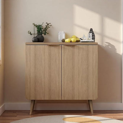 29.5" Modern Fluted Sideboard Cabinet with 2 Doors, Wood Storage Credenza with Shelves, Multi-Purpose Buffet Cabinet for Entryway, Dining & Living Room, Natural Wood