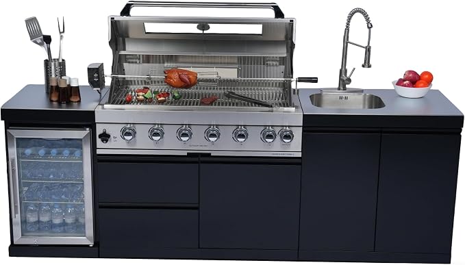 96" 6-Burner 85000 BTU Outdoor Kitchen Island,304 Stainless Steel Modular LPG BBQ Grill Combination With Granite Countertops, Storage Cabinet, Refrigerator and Sink (96"-Black&Sivler, Propane Gas)