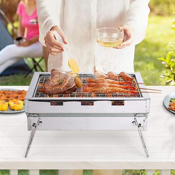 Folded Charcoal BBQ Grill Set Stainless Steel Portable Folding Charcoal Barbecue Grill Barbecue Tool Kits for Outdoor Picnic Patio Backyard Camping Cooking (B)