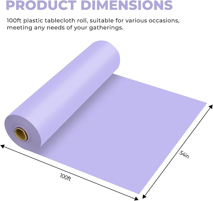 54 Inch X 100 Feet Plastic Table Cover Roll Premium Disposable Plastic Tablecloth for All Type/Shape Tables | Picnic, Party, Banquet, Birthdays, Weddings (Light Purple, 54 Inch X 100 Feet)