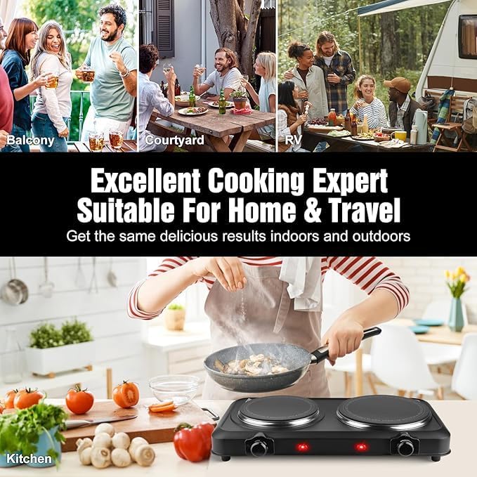1800W Portable Dual Burner Heating Stove, Countertop RV Stove with 7.5" & 6.3" Glass Cooktop, Stepless Temperature Adjustment