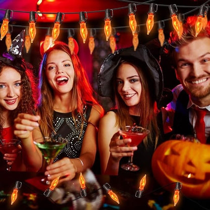Halloween Lights 27.8 FT Flickering Flame String Lights with 25 Orange C18 Light Bulbs Twinkle C18 E12 Base Flame Lights Indoor Outdoor for Halloween Decorations