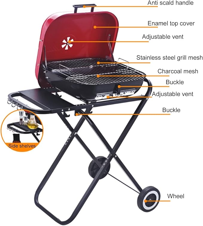 Portable Charcoal Grill with Wheels, Foldable BBQ Grill for Outdoor Cooking, Heavy Duty Charcoal Barbecue Grill for Camping Griddle, Backyard, Patio, Picnic Grilling, Travel