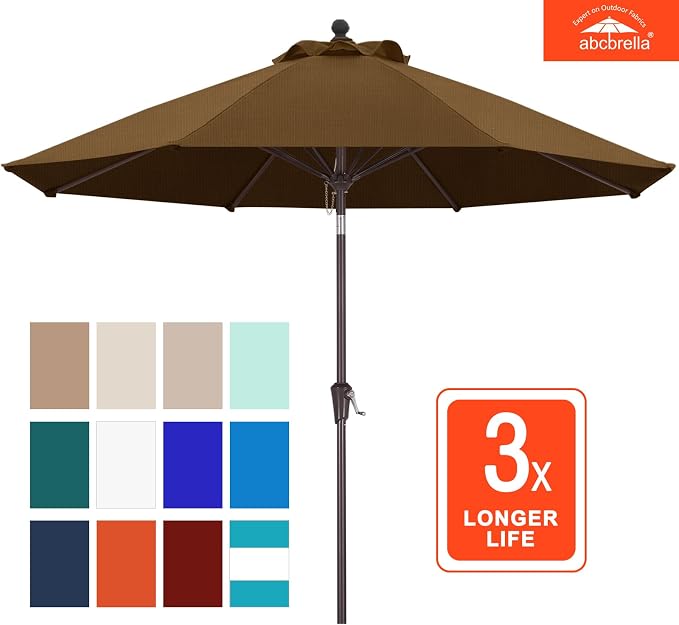 ABCCANOPY OLEFIN® 5-Year No Fading 9FT Outdoor Patio Umbrella(Dark Brown) | Fade & UV Resistant Fabric,8 Fiberglass Ribs，Wind Vent，Crank Lift & Tilt,Outdoor Table Umbrella for Deck,Backyard,Yard