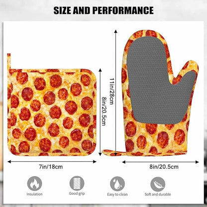 Mxocom Pepperoni Pizza Heat-Resistant Oven Mitts and Pot Holder a Seamless Food Texture Kitchen Non-Slip Cooking Microwave Gloves for Cooking Baking Grilling
