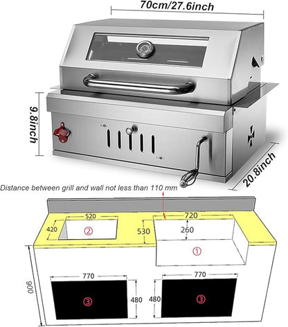Built-In Stainless Steel Charcoal Grill for Outdoor Kitchen,28 Inch Large Charcoal BBQ Grills with Liftable Tray,Insulated Hood,Temperature Gauge & Cover for Camping,Patio,Park(Glass Square Lid)