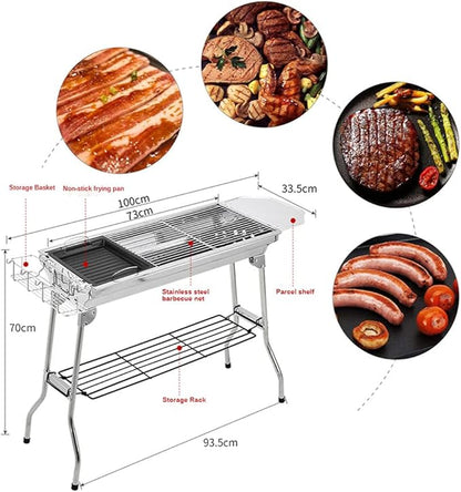 BBQ Grill, Stainless Steel Barbecue Grill Smoker Charcoal BBQ, Folding Portable BBQ for 5-10 Persons Family Garden Outdoor Cooking Hiking Picnics Camping Barbecue Party