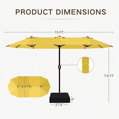 Kingdura 15ft Large Patio Umbrella with Solar Lights, Double-Sided Rectangle Lighted Outdoor Table Umbrella with Base Included, 12 Reinforced Ribs, 48 Led Lights, Crank Lift for Market Pool Deck Backyard, Yellow
