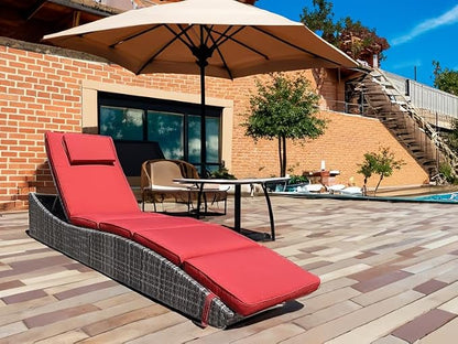BTEXPERT Foldable Outdoor Chaise Pool Lounge Chair Folding Wicker Rattan Sun Bed Patio Couch Reclining Lounger Adjustable Padded Backrest Pillow Assembled - Red Burgundy
