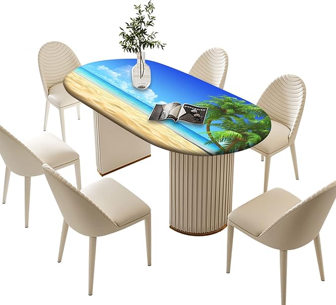 Summer Fitted Tablecloths Oval, Palms on Tropical Sand Beach Pattern Print Polyester Table Cloths, Elastic Table Cover for Outdoor/Indoor Summer Party Family Dinner Decor, Fits Tables up to 54" x 76"