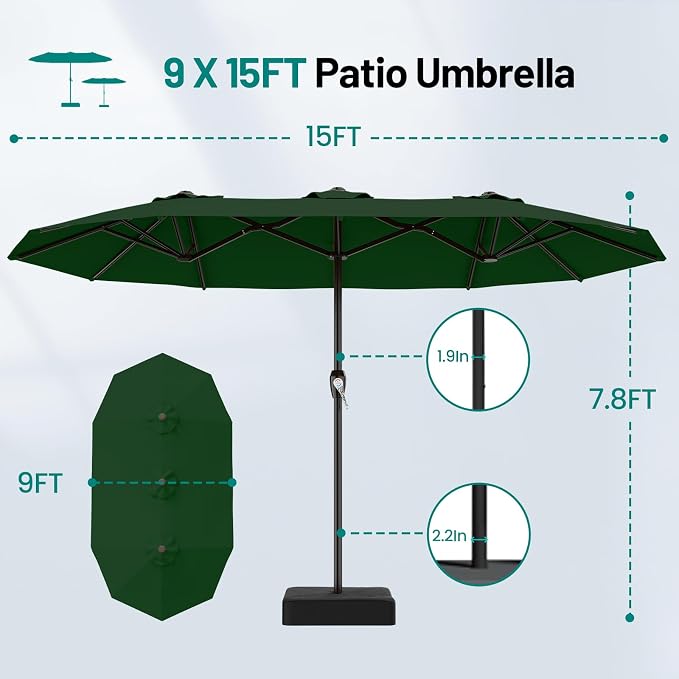 AreShark 15FT Outdoor Patio Umbrella with Crank, Large Rectangular Market Umbrella, Double-Sided Outdoor Umbrellas with Cross Base & Sandbag for Porch, Lawn, Pool, Backyard, Dark Green