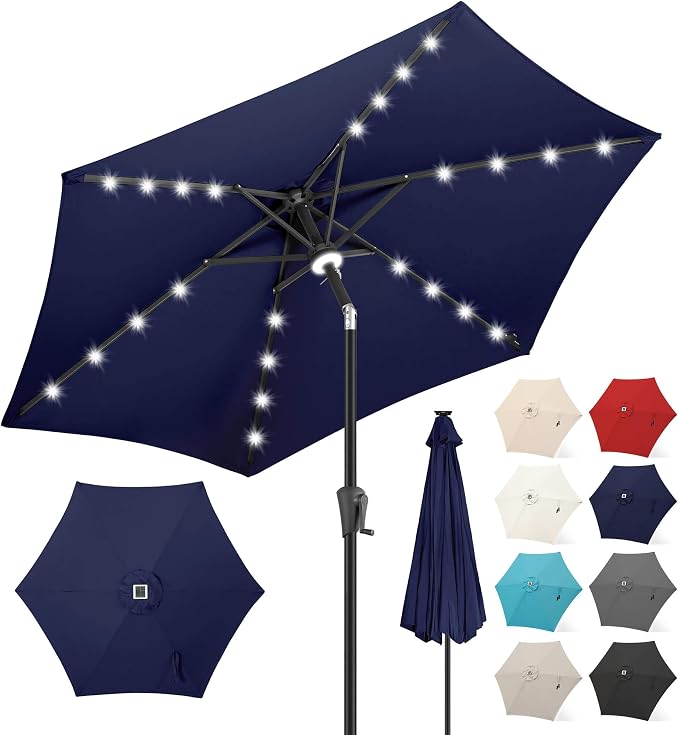FLAME&SHADE Solar Patio Umbrella with Centre Light, 7.5 FT Navy Blue | UV Protection, Small Solar Outdoor Umbrella for Porch, Deck, Backyard, Garden, Provides Evening Lighting, 24 LED Lights