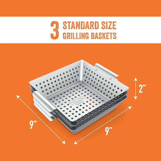 Yukon Glory™ Grilling Basket Set – 3-Piece 9x9x2 Stainless Steel Square Grill Baskets for Outdoor Grill – Perforated BBQ Grill Basket Perfect for Grilling Veggies, Seafood and Meats