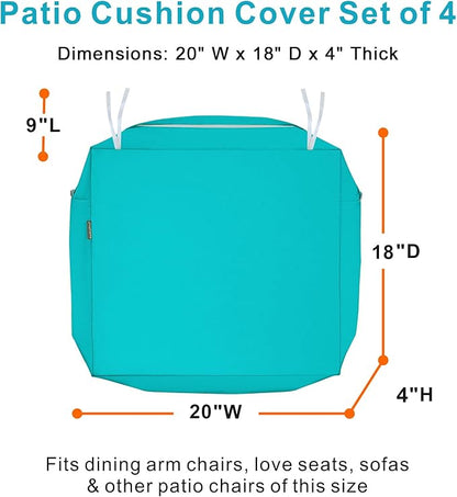 NettyPro Patio Chair Seat Cushion Covers Set 4, Waterproof Outdoor Furniture Cushion Slipcovers with Zipper and Tie, 20 x 18 x 4 Inch, Replacement Cover Only, Turquoise