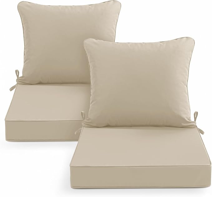 Summsun Outdoor Chair Cushions Set of 2, 24 x 24 Inch, Cream | Backrest & Deep Seat Cushion, Water Resistant, Removable Cover, Replacement Cushions Pad for Patio Furniture, Garden