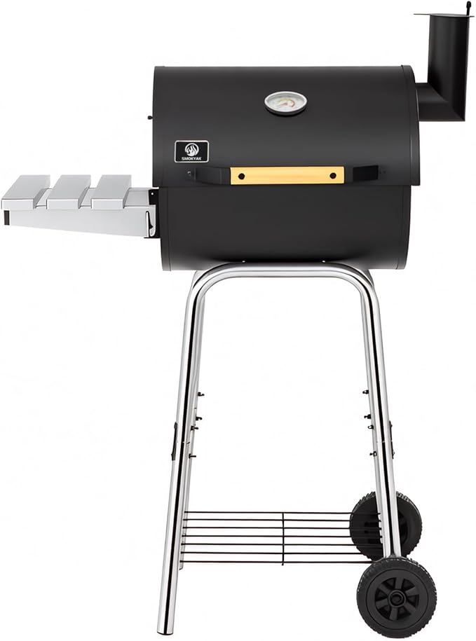 Barrel Charcoal Grill, Outdoor BBQ Smoker, Large Cooking Area, Adjustable Charcoal Pan, Warming Rack, Front & Side Table, Storage Shelf, Enameled Steel Wire, Backyard Camping Grill (Small)
