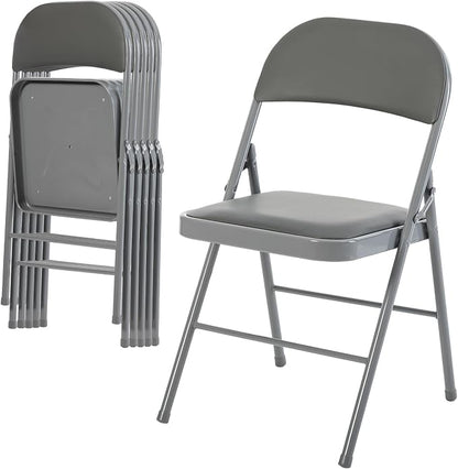 DUMOS 6 Pack Folding Chairs with Padded Cushion and Back - PU Leather Stackable Portable Dining Chairs Set, for Home and Office, Conference, Wedding, Party, Patio, Garden, for Indoor Outdoor, Grey
