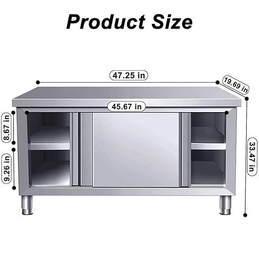 Stainless Steel Commercial Worktable w/Sliding Doors for Prep & Work 47" x 20" Commercial Kitchen Prep Table Heavy Duty Workbench w/Cabinet for Home Restaurant Hotel and Garage