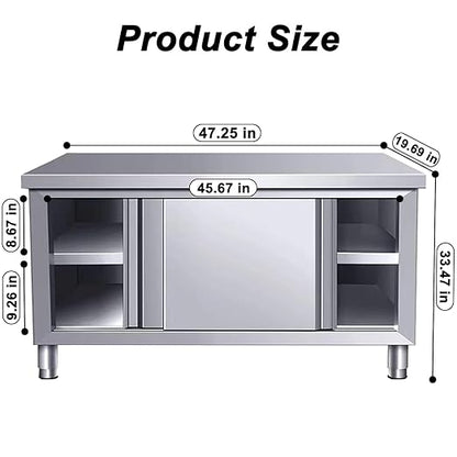 Stainless Steel Commercial Worktable w/Sliding Doors for Prep & Work 47" x 20" Commercial Kitchen Prep Table Heavy Duty Workbench w/Cabinet for Home Restaurant Hotel and Garage