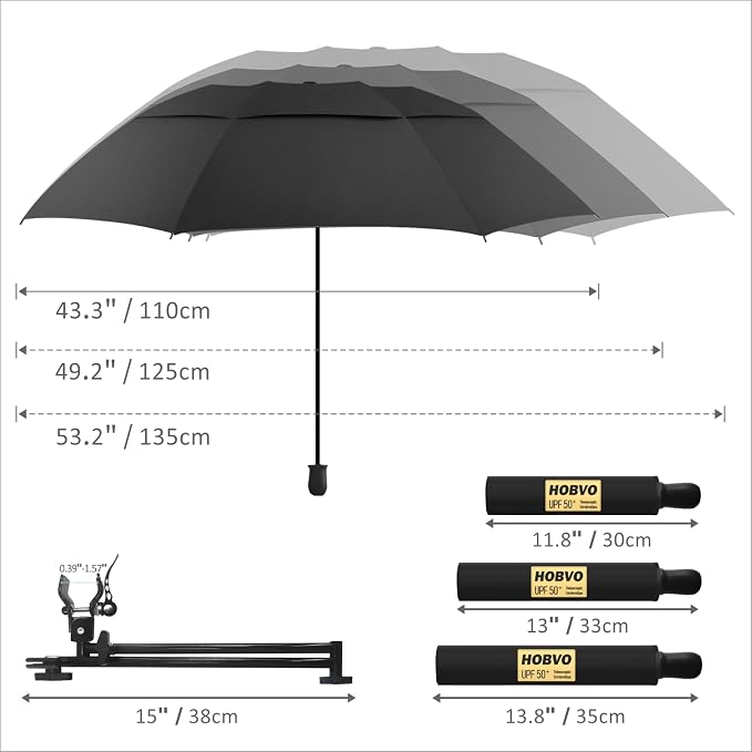 HOBVO UPF 50+ Golf Umbrella with Adjustable Universal Clamp, Portable Umbrellas for Rain, Manual Open & Close, for Beach Chair, Golf Cart, Stroller, Bleacher, Patio