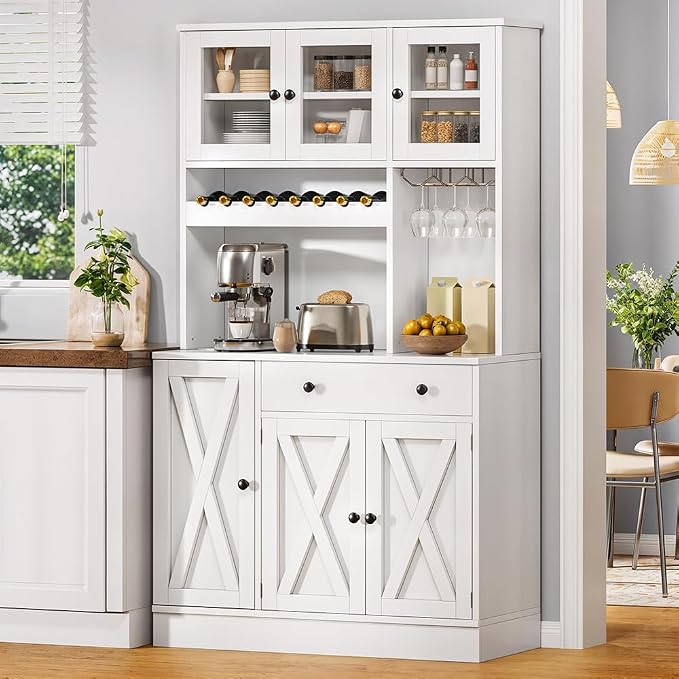 DWVO 71''H Kitchen Pantry Storage Cabinet with Power Outlet, White | Tall Cabinet with Doors, Shelves & Drawer, Buffet Cabinet with Goblet Holder and Wine Rack for Kitchen, Living Room