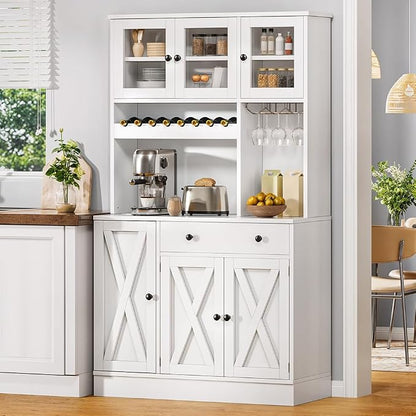 DWVO 71''H Kitchen Pantry Storage Cabinet with Power Outlet, White | Tall Cabinet with Doors, Shelves & Drawer, Buffet Cabinet with Goblet Holder and Wine Rack for Kitchen, Living Room
