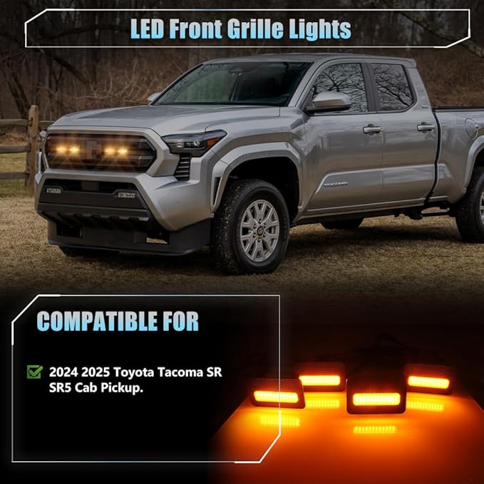 4 PCS Full LED Front Grille Lights for Toyo-ta Tacoma 2024 2025 SR SR5 Cab Pickup, Amber LED Grille Clearance Light, OEM Grill Led Grilles Light for Tacoma Accessories