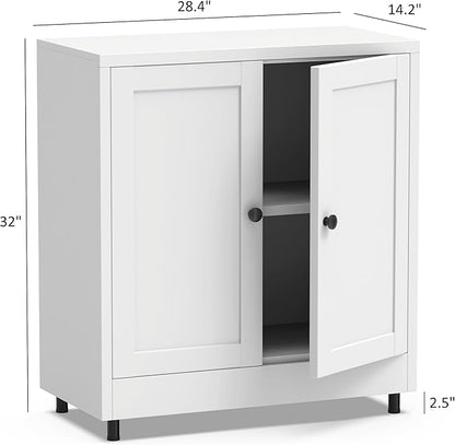 Metal Storage Cabinet with 2 Doors and Adjustable Shelf, Steel Sideboard Buffet Cabinet for Home Office Hallway Entryway Kitchen Living Dining Room (White)