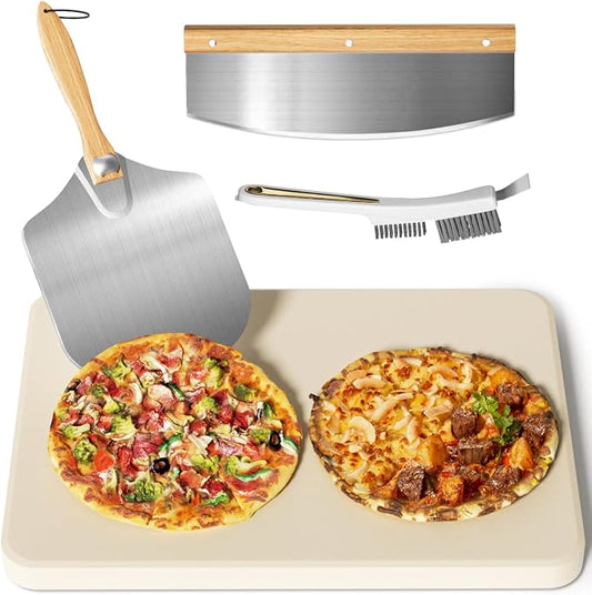 Gyreuni 20''Pizza Stone for Oven and Grill with Pizza Peel, Brush,Cutter | 20inch Large baking stone for ovens and grills, distributes heat evenly to create crispy crust.for family meals,backyard BBQ