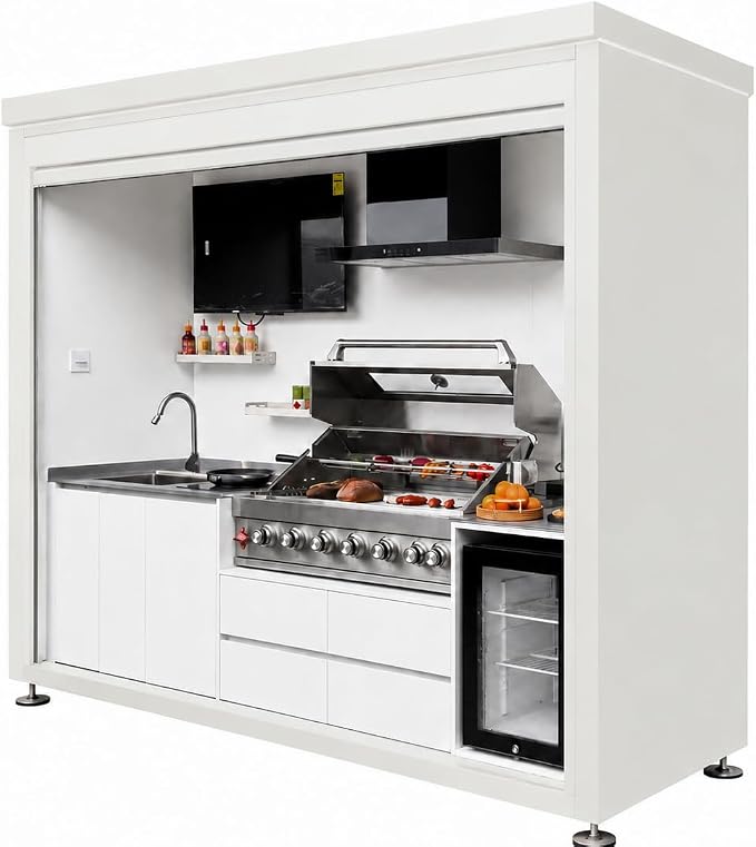 Sunnyjoy Modular Outdoor Kitchen MAX, Premium Aluminum Cabinet System-2 | Max roll-up shade version with grill, sink & storage, durable weather-resistant design, includes roll-up set for protection
