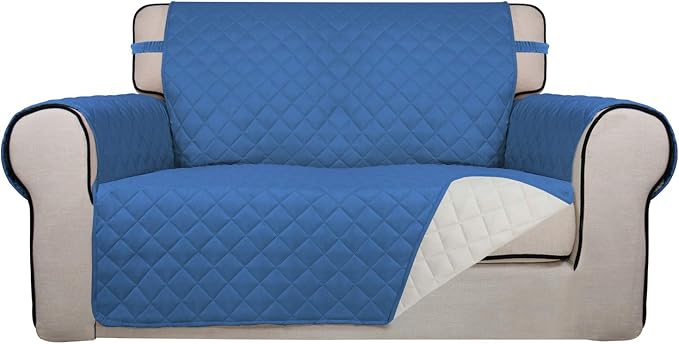 PureFit Reversible Quilted Sofa Cover, Water Resistant Medium Slipcover Furniture Protector, Washable Couch Cover with Non Slip Foam and Elastic Straps for Kids, Dogs, Pets (Loveseat, Blue/Ivory) | Blue/Ivory, Water Resistant Couch Protector, Washable ...