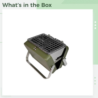 Mini Table Top Charcoal Grill, Portable BBQ Grill with Iron Body and Aluminum Legs, Foldable Suitcase Design, Green Grill for Outdoor Cooking, 1-2 Person Use