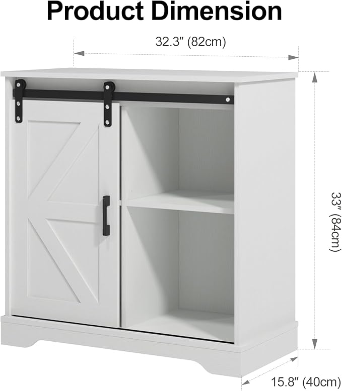 Panana Sliding Barn Door Buffet Sideboard Storage Cabinet Coffee Bar Kitchen Farmhouse Style (White)