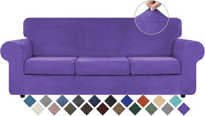 WEERRW 4 Pieces Couch Cover for Sofa Velvet Sofa Covers Washable, Purple | Sofa Covers for 3 Cushion Couch Furniture Protector Sofa Slipcovers with Non Slip Elastic Bottom, Pet Friendly, Large