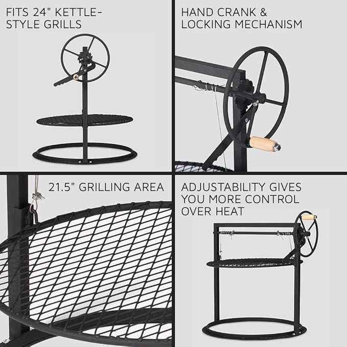 Ash & Ember Santa Maria Style Adjustable Cooking Grate Attachment, Fits 24" Kettle-Style Grills, Open Flame Campfire Cooking Grate, Outdoor Grill Cooking Accessories